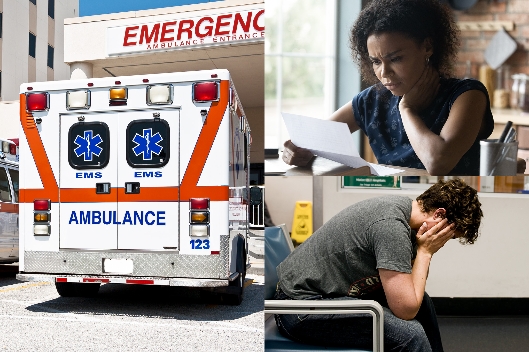 Collage de problemas de facturación de atención médica, incluida una ambulancia, una mujer revisando una factura y un hombre preocupado en la sala de espera de un hospital.