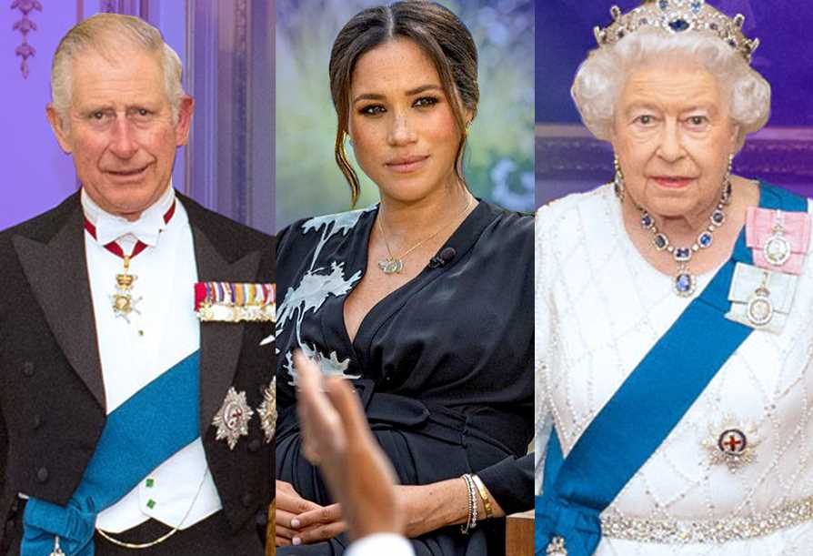 Collage que muestra imágenes de Price Charles de Gran Bretaña, la reina Isabel y Megan Markle embarazada