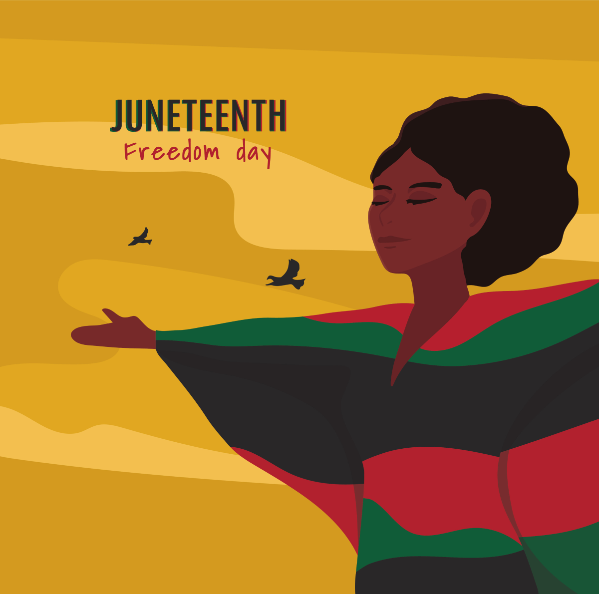 Juneteenth Freedom Day: woman in brightly colored dress holding her hands straight out as 2 birds fly by
